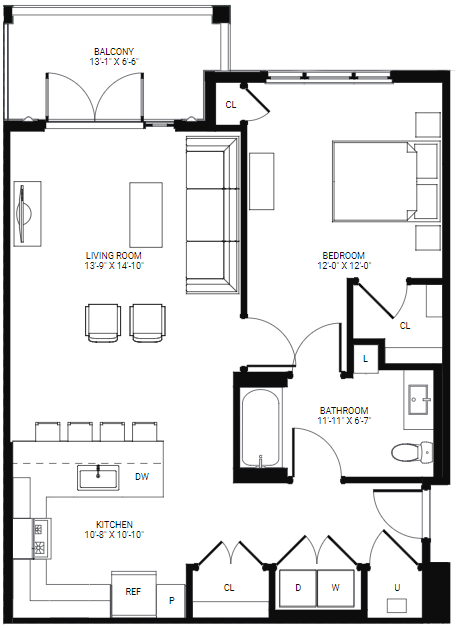Floor plan for 1 bed, 1 bath, 881 sqft